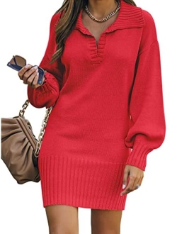 Women Casual V Neck Knit Mini Sweater Dresses Long Sleeve Oversized Loose Fit Ribbed Hem Pullover Jumper Sweaters