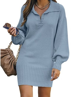 Women Casual V Neck Knit Mini Sweater Dresses Long Sleeve Oversized Loose Fit Ribbed Hem Pullover Jumper Sweaters