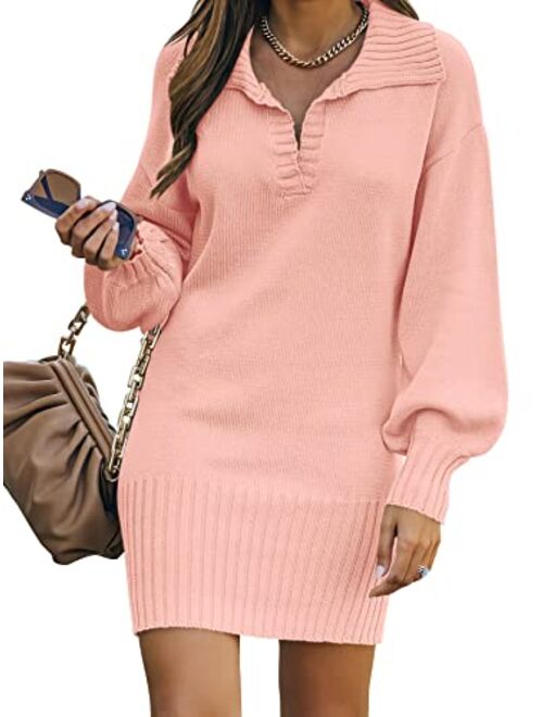 ANRABESS Women Casual V Neck Knit Mini Sweater Dresses Long Sleeve Oversized Loose Fit Ribbed Hem Pullover Jumper Sweaters