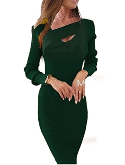 Glamaker Women's Sexy Long Sleeve Ribbed Sweater Dress Bodycon Midi Long Sweater Dresses