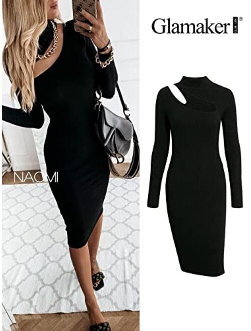 Glamaker Women's Sexy Long Sleeve Ribbed Sweater Dress Bodycon Midi Long Sweater Dresses