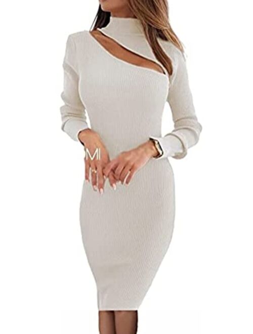 Glamaker Women's Sexy Long Sleeve Ribbed Sweater Dress Bodycon Midi Long Sweater Dresses