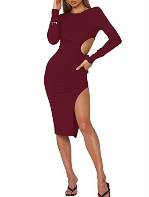 Glamaker Women's Sexy Long Sleeve Ribbed Sweater Dress Bodycon Midi Long Sweater Dresses