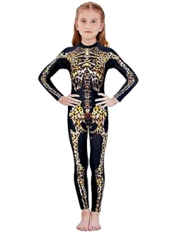 RAISEVERN Boys Girls Halloween Cosplay Jumpsuit Bodysuit 3D Graphic Skull Skeleton Bone Catsuit for Kids 7-14 Years