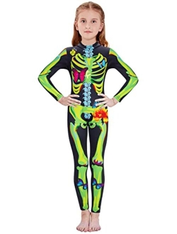 RAISEVERN Boys Girls Halloween Cosplay Jumpsuit Bodysuit 3D Graphic Skull Skeleton Bone Catsuit for Kids 7-14 Years