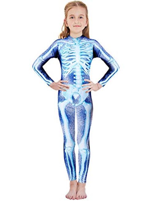 RAISEVERN Boys Girls Halloween Cosplay Jumpsuit Bodysuit 3D Graphic Skull Skeleton Bone Catsuit for Kids 7-14 Years