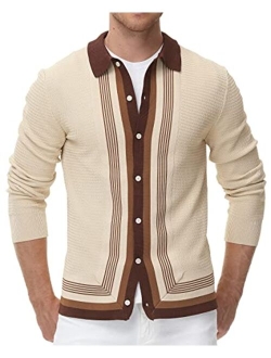 Mens Long Sleeve Button Down Knitted Cardigan Sweaters Stripe Polo Shirts