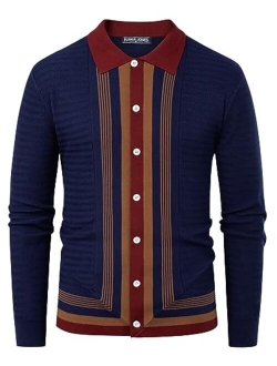 Mens Long Sleeve Button Down Knitted Cardigan Sweaters Stripe Polo Shirts