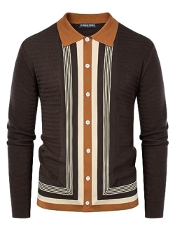 Mens Long Sleeve Button Down Knitted Cardigan Sweaters Stripe Polo Shirts