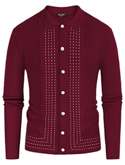 Mens Long Sleeve Button Down Knitted Cardigan Sweaters Stripe Polo Shirts