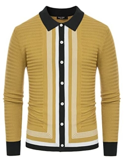 Mens Long Sleeve Button Down Knitted Cardigan Sweaters Stripe Polo Shirts