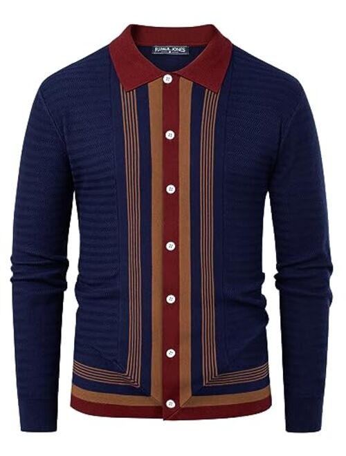 PJ Paul Jones Mens Long Sleeve Button Down Knitted Cardigan Sweaters Stripe Polo Shirts