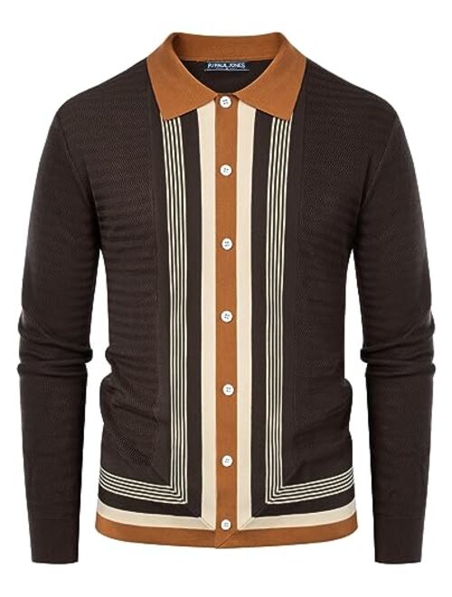 PJ Paul Jones Mens Long Sleeve Button Down Knitted Cardigan Sweaters Stripe Polo Shirts