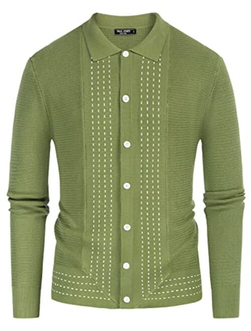 PJ Paul Jones Mens Long Sleeve Button Down Knitted Cardigan Sweaters Stripe Polo Shirts