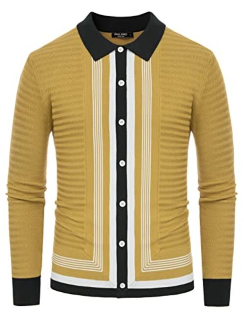 PJ Paul Jones Mens Long Sleeve Button Down Knitted Cardigan Sweaters Stripe Polo Shirts