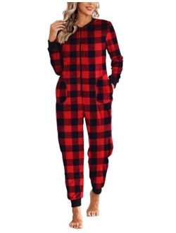 Women One Piece Pajamas Set Fleece Onesie Sleepwear Zipper Jumpsuit with Pocket