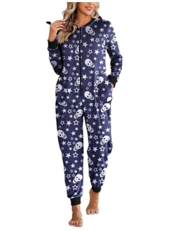 Women One Piece Pajamas Set Fleece Onesie Sleepwear Zipper Jumpsuit with Pocket