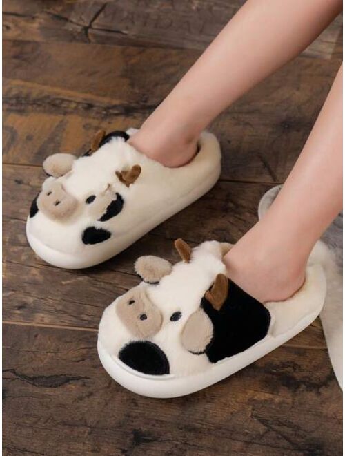 Shein Cartoon Big Nose Bull Warm Indoor Slippers For Boys And Girls, Winter Cute Comfortable Anti-slip Bedroom Flip-flops With Plush Lining, Lovely Animal House Shoes