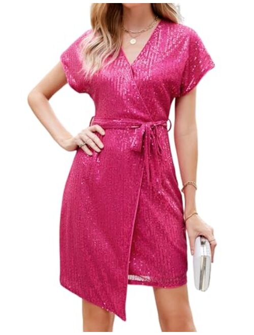 JASAMBAC Women's Sequin Dress Sparkly Glitter Short Sleeve V Neck Bodycon Dress Sparkle Party Disco Club Dress