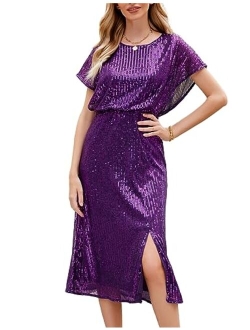 JASAMBAC Sequin Dress for Women Crew Neck Short Sleeve Sparkly Glitter Dresses Slit Elastic Waist Cocktail Party Club Dress