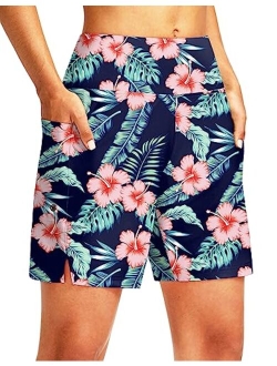 Women's 7" Long Swim Board Shorts High Waisted Quick Dry Beach Swimming Shorts for Women with Liner Pockets