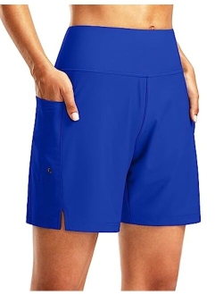 Women's 7" Long Swim Board Shorts High Waisted Quick Dry Beach Swimming Shorts for Women with Liner Pockets