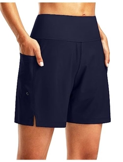 Women's 7" Long Swim Board Shorts High Waisted Quick Dry Beach Swimming Shorts for Women with Liner Pockets