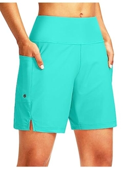 Women's 7" Long Swim Board Shorts High Waisted Quick Dry Beach Swimming Shorts for Women with Liner Pockets