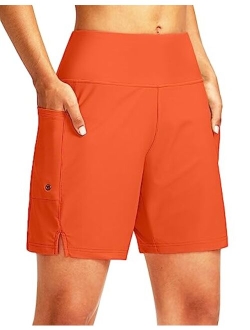 Women's 7" Long Swim Board Shorts High Waisted Quick Dry Beach Swimming Shorts for Women with Liner Pockets