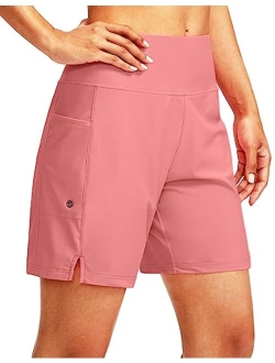 Women's 7" Long Swim Board Shorts High Waisted Quick Dry Beach Swimming Shorts for Women with Liner Pockets