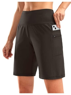 Women's High Waisted 9" Bermuda Shorts with Zipper Pockets Athletic Workout Long Shorts for Women Knee Length