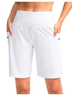 Women's High Waisted 9" Bermuda Shorts with Zipper Pockets Athletic Workout Long Shorts for Women Knee Length