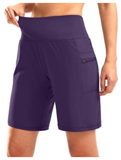 Women's High Waisted 9" Bermuda Shorts with Zipper Pockets Athletic Workout Long Shorts for Women Knee Length