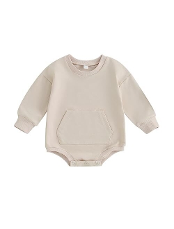 Lesimsam Newborn Baby Boy Girl Crewneck Sweatshirt Romper Oversized Onesie Solid Kangaroo Pocket Bubble Romper Fall Clothes