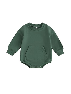 Lesimsam Newborn Baby Boy Girl Crewneck Sweatshirt Romper Oversized Onesie Solid Kangaroo Pocket Bubble Romper Fall Clothes