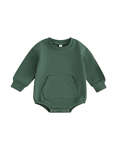 Lesimsam Newborn Baby Boy Girl Crewneck Sweatshirt Romper Oversized Onesie Solid Kangaroo Pocket Bubble Romper Fall Clothes