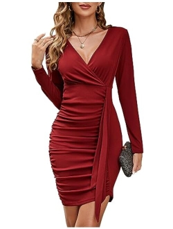 BMJL Womens Sexy Bodycon Dress 2023 Deep V Neck Long Sleeve Ruched Wrap Cocktail Party Dress