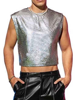 Men's Glitter Sleeveless Round Neck Crop Tank Top T Shirt Party Club Top