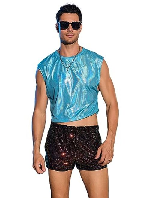 WDIRARA Men's Glitter Sleeveless Round Neck Crop Tank Top T Shirt Party Club Top