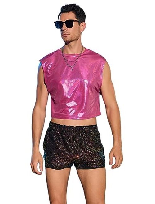 WDIRARA Men's Glitter Sleeveless Round Neck Crop Tank Top T Shirt Party Club Top