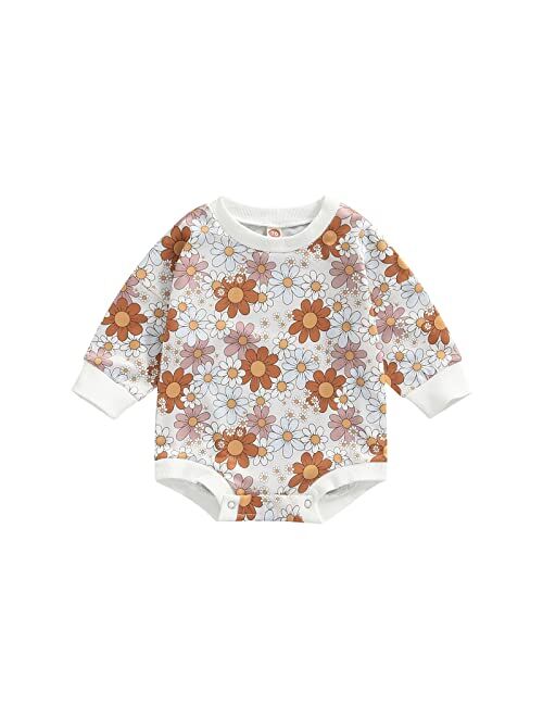 Amiblvowa Newborn Baby Girl Boy Sweatshirt Romper Crewneck Oversized Long Sleeve Floral One Piece Outfits Fall Winter Clothes