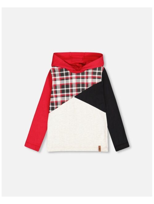 DEUX PAR DEUX Boy Jersey Hooded T-Shirt Oatmeal Mix, Black And Red Color Block - Child