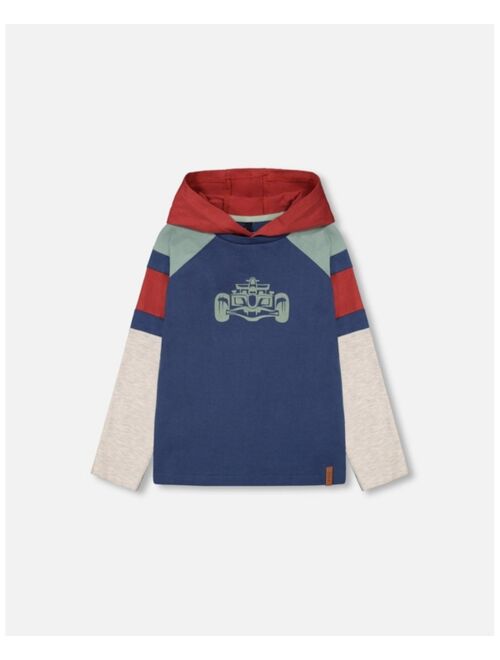 DEUX PAR DEUX Boy Hooded Raglan Jersey T-Shirt With Print Indigo Blue - Toddler|Child