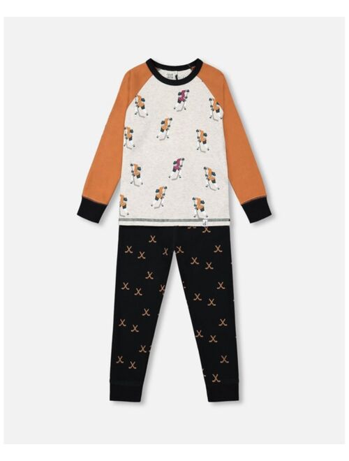 DEUX PAR DEUX Boy Organic Cotton Printed Hockey Players Two Piece Top & Pant Pajama Set - Toddler|Child