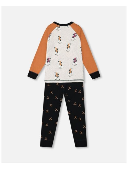 DEUX PAR DEUX Boy Organic Cotton Printed Hockey Players Two Piece Top & Pant Pajama Set - Toddler|Child