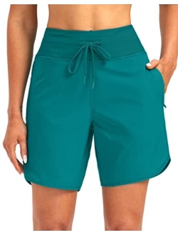 Women's 7" Quick Dry High Waisted Swim Board Shorts with Zipper Pockets UPF 50  Beach Shorts for Women with Liner