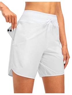 Women's 7" Quick Dry High Waisted Swim Board Shorts with Zipper Pockets UPF 50  Beach Shorts for Women with Liner