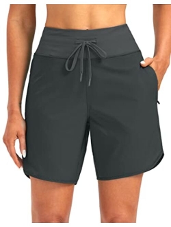 Women's 7" Quick Dry High Waisted Swim Board Shorts with Zipper Pockets UPF 50  Beach Shorts for Women with Liner