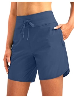 Women's 7" Quick Dry High Waisted Swim Board Shorts with Zipper Pockets UPF 50  Beach Shorts for Women with Liner