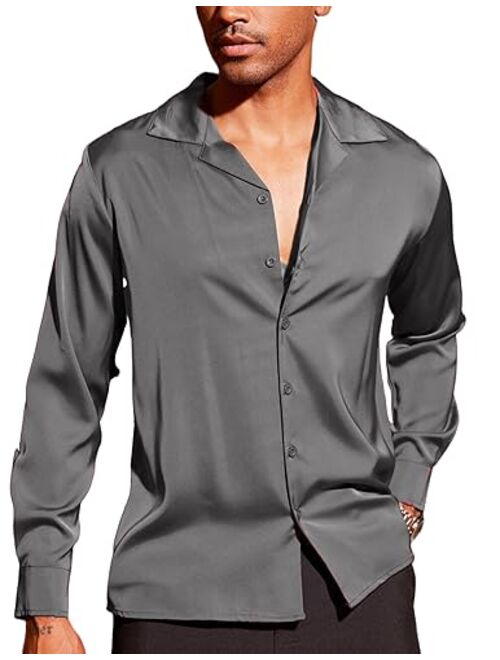 COOFANDY Men Luxury Silk Shirt Long Sleeve Satin Dress Shirt Shiny Button Down Prom Wedding Party Shirt